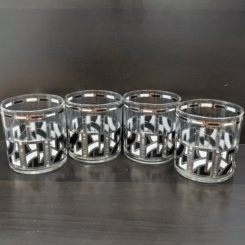4 CULVER Rare HTF MidMod Silver White Black Abstract Design Rock Tumbler Glass
